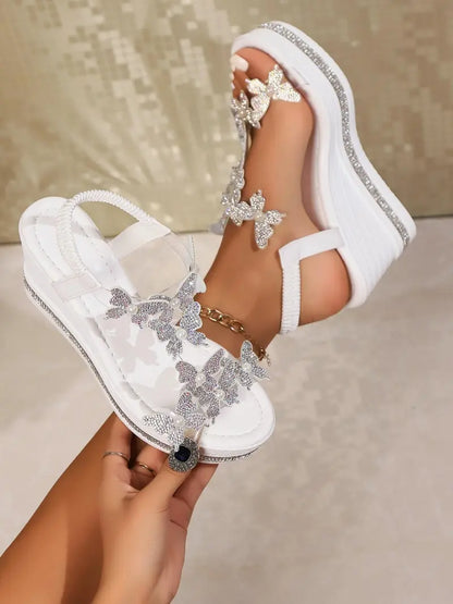 Rhinestone Butterfly Wedge Sandals