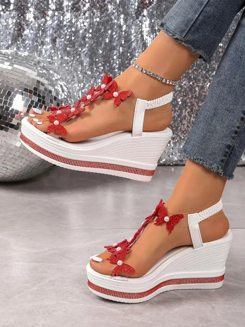 Rhinestone Butterfly Wedge Sandals